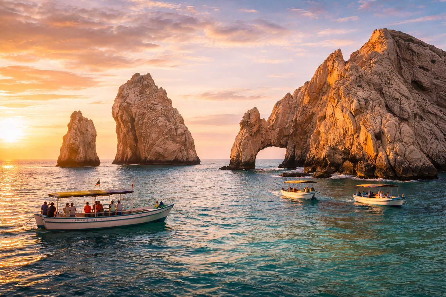 El Arco of Cabo San Lucas at sunset with turquoise waters and panga boats